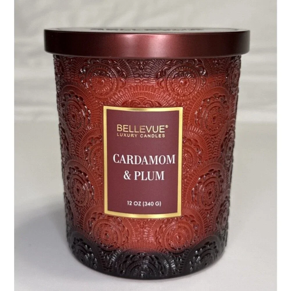Bellevue Candle Cardamom & Plum Bergamot Embossed Red Soy Blend 2 Wick 12 Oz New